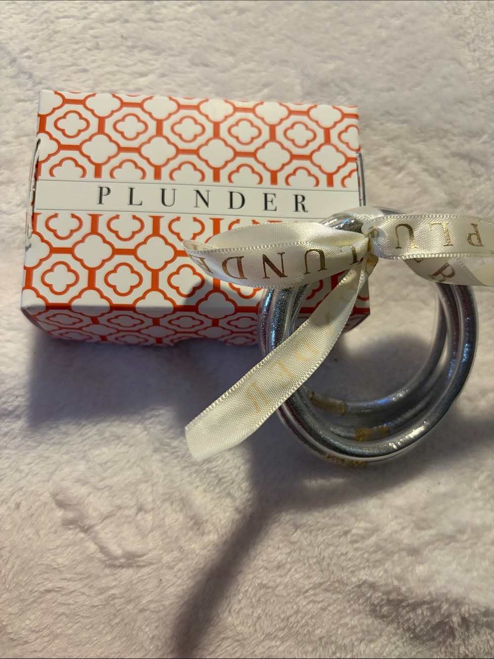 Plunder Silver Metallic Stacked Bangle Set with Cream Branded Ribbon